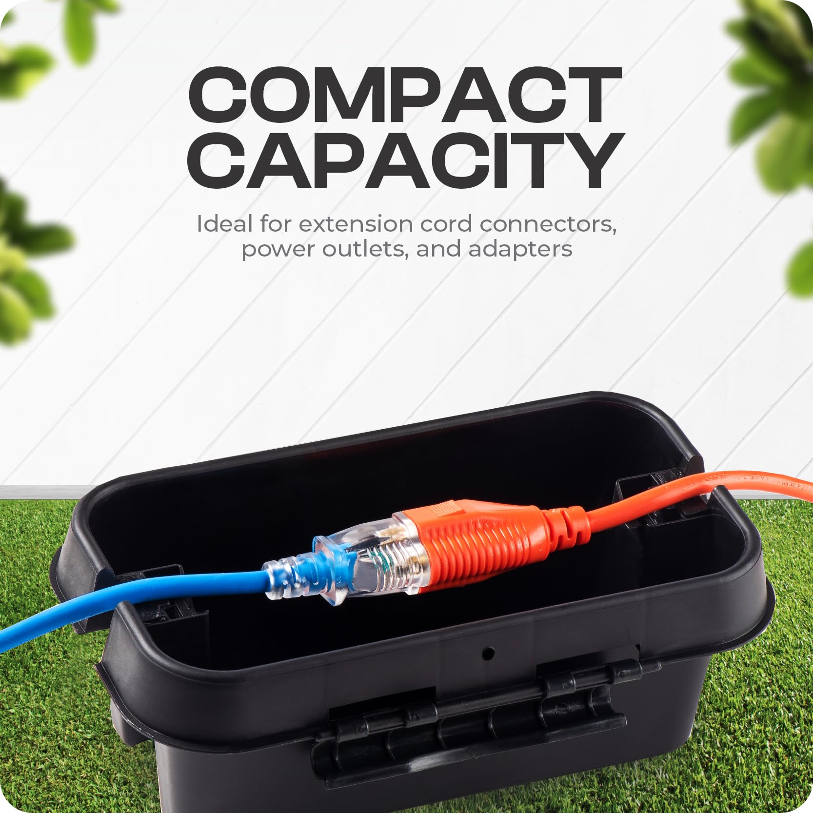 SockitBoX compact outdoor cord cover mounted on patio protecting cables.