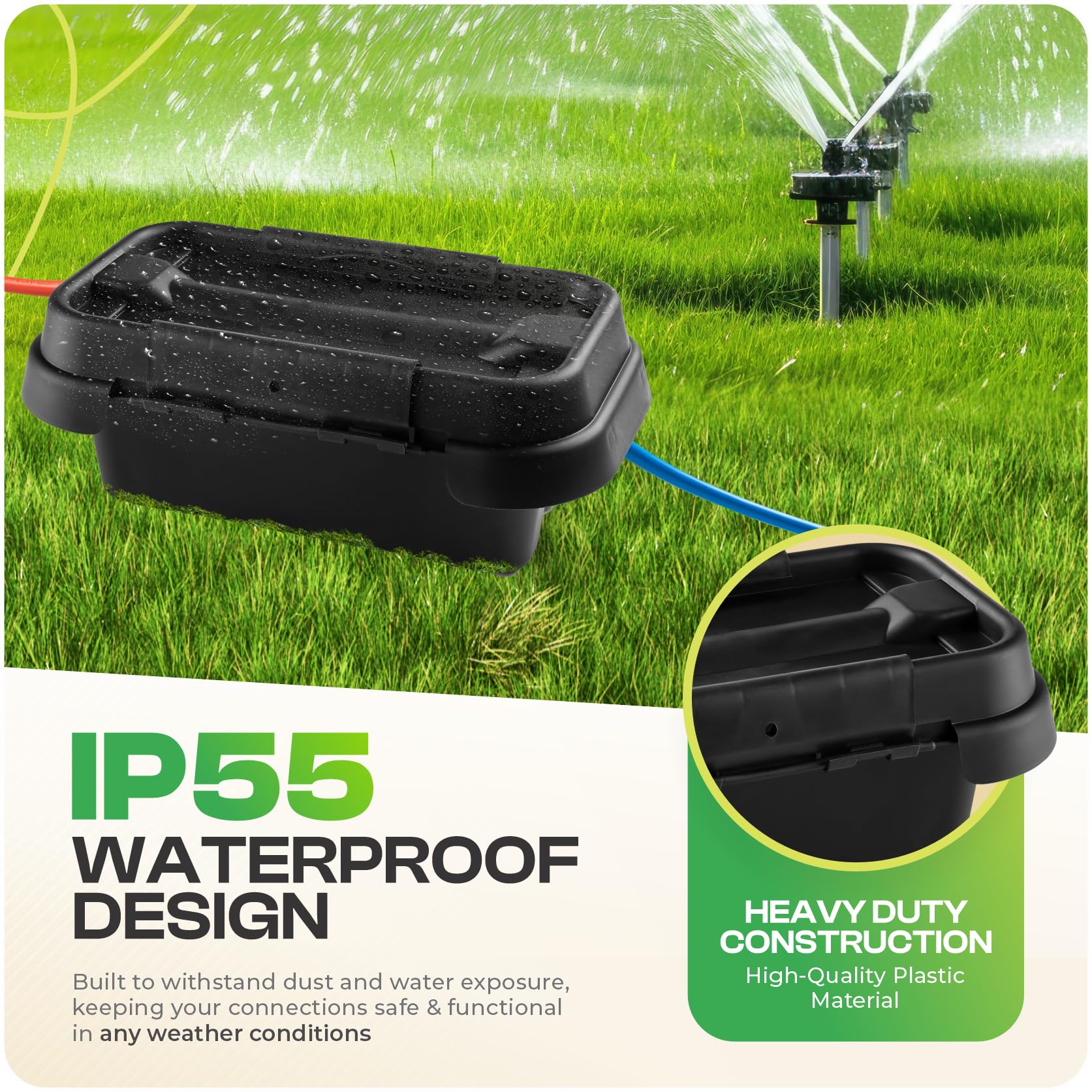 Space-saving SockitBoX box conceals power strips and cables outdoors.