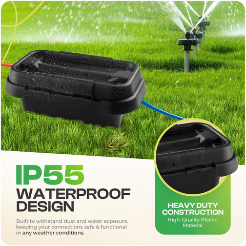Space-saving SockitBoX box conceals power strips and cables outdoors.