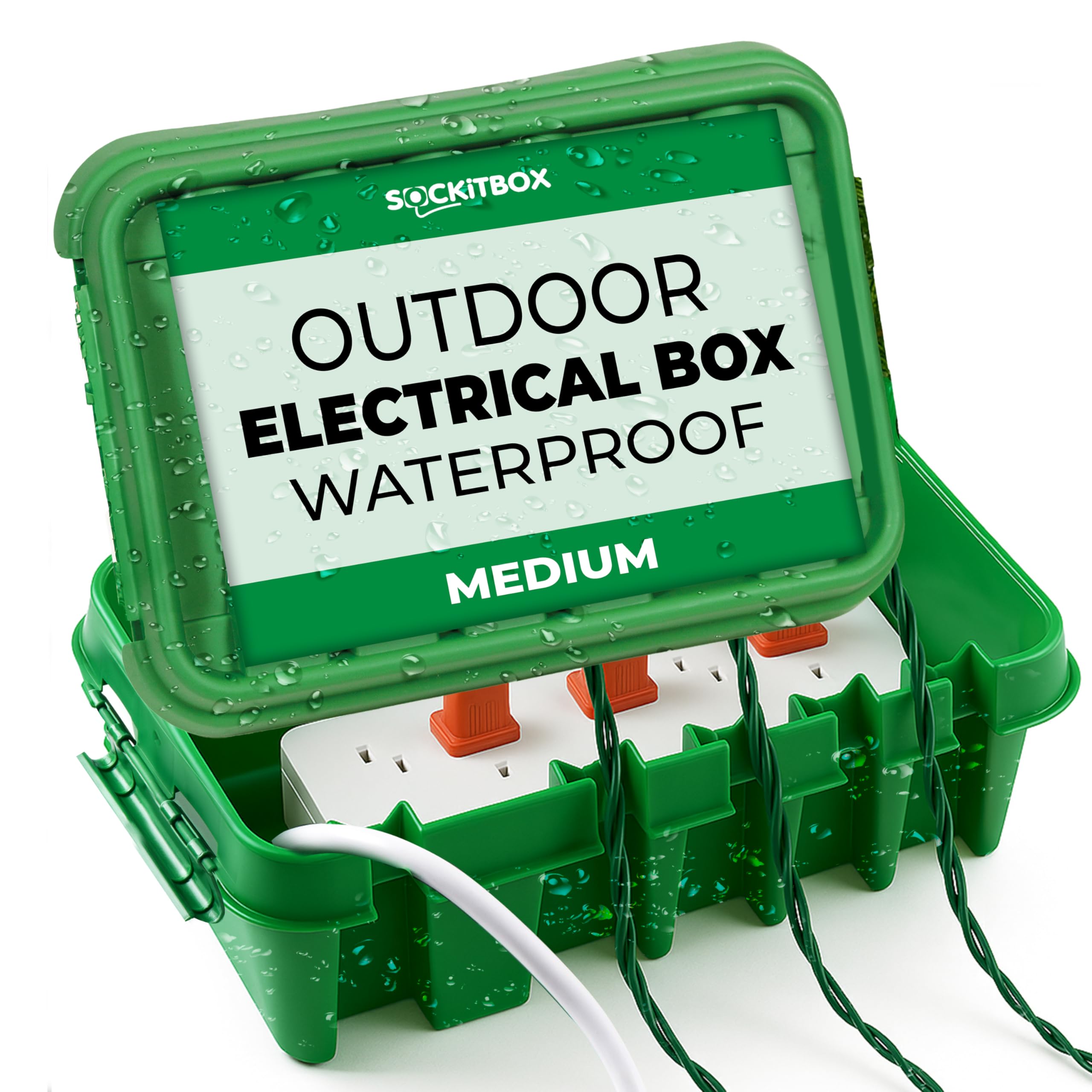 SockitBox weatherproof enclosure with open lid protecting cords outdoors.