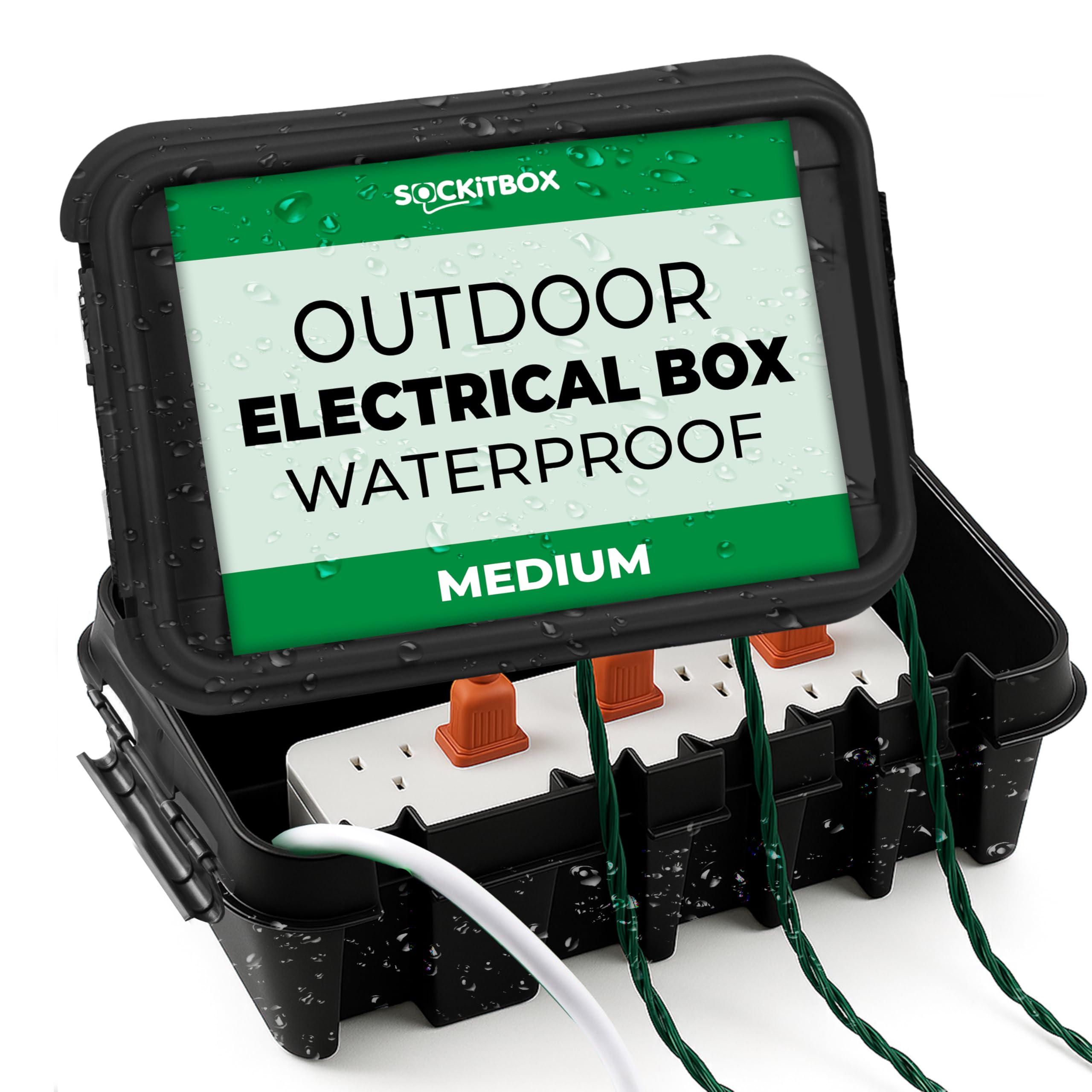 SockitBoX weatherproof box with closed lid protecting outdoor connections.