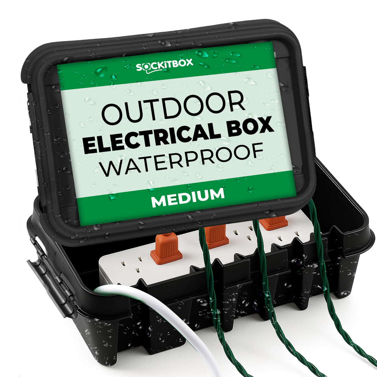 SockitBoX weatherproof box with closed lid protecting outdoor connections.