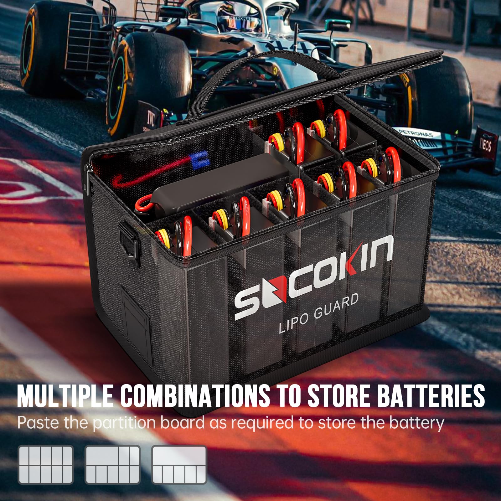 Interior dividers of Socokin Lipo bag with customizable compartments