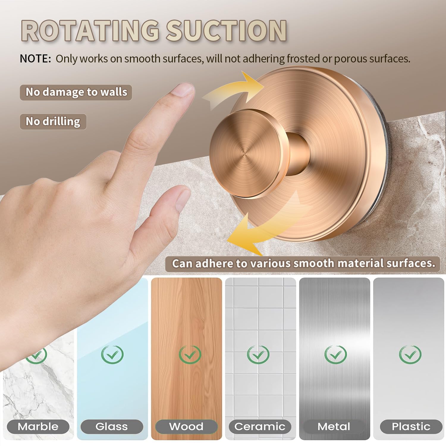 SOCORIA rose gold suction hook on wall provides convenient towel hanging.