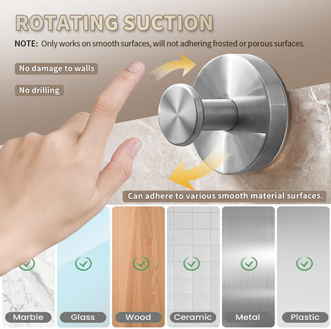 Socoria brushed-silver stainless steel suction hook on bathroom wall for robes.