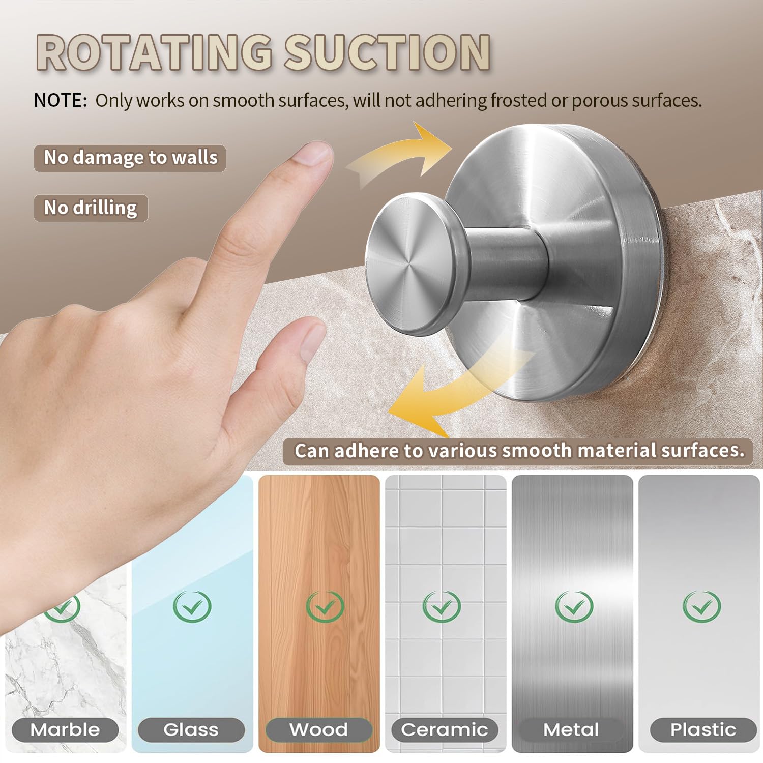 SOCORIA suction hook on glass surface provides rust-free mounting.