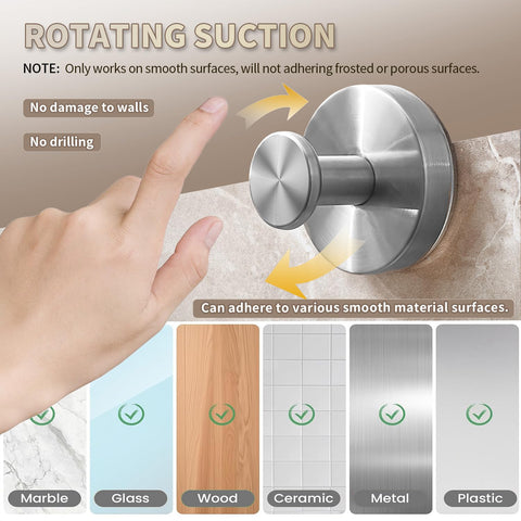 SOCORIA suction hook on glass surface provides rust-free mounting.