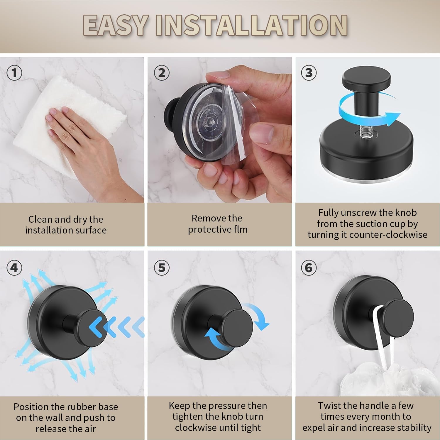 SOCORIA suction hook maintenance with twist to expel air for continued grip