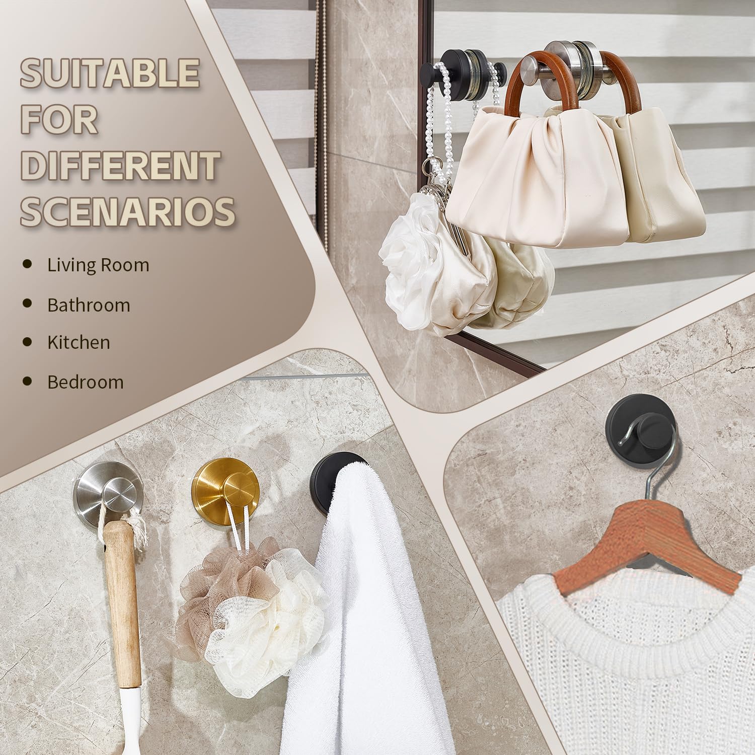 SOCORIA suction hook on glass mirror demonstrates secure hold on smooth surfaces.