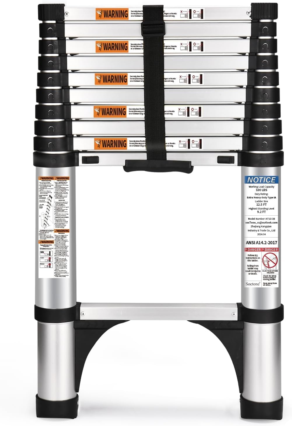 Soctone ladder extended view demonstrates reach to high shelves with stability.