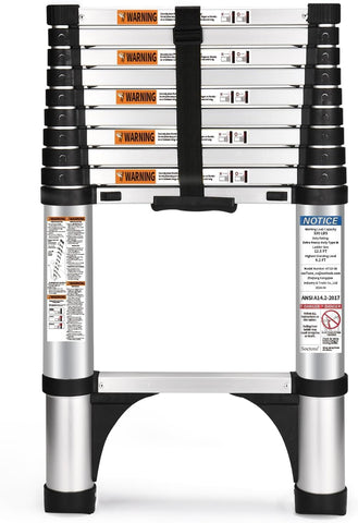Soctone ladder extended view demonstrates reach to high shelves with stability.
