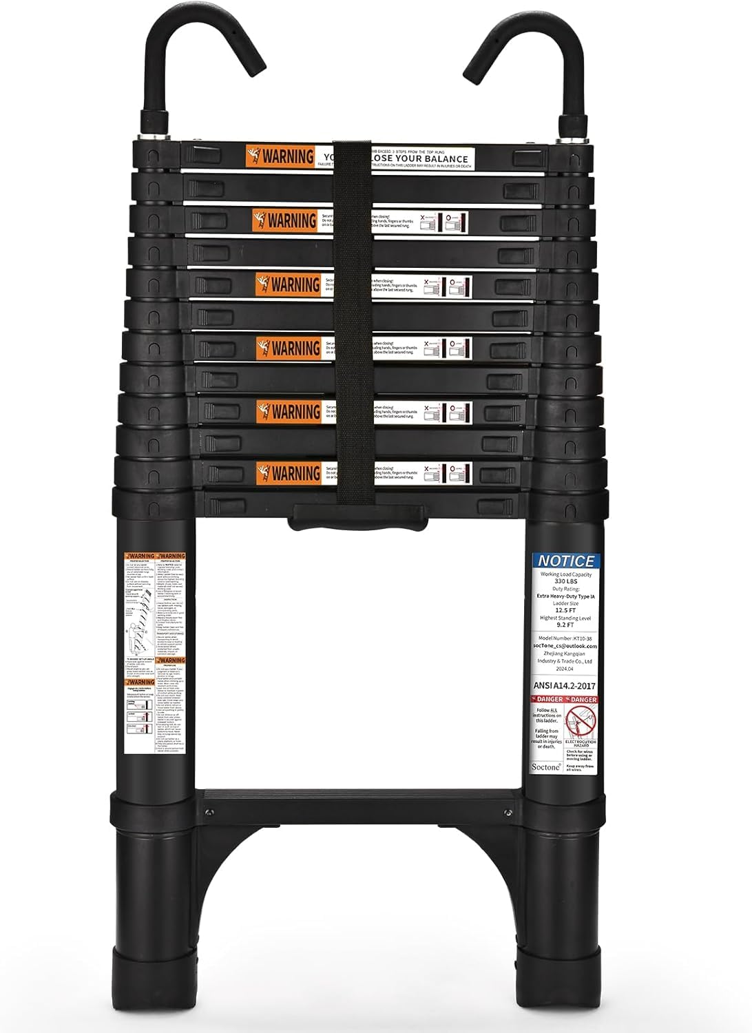 Soctone telescoping ladder extended for rooftop access with smooth operation