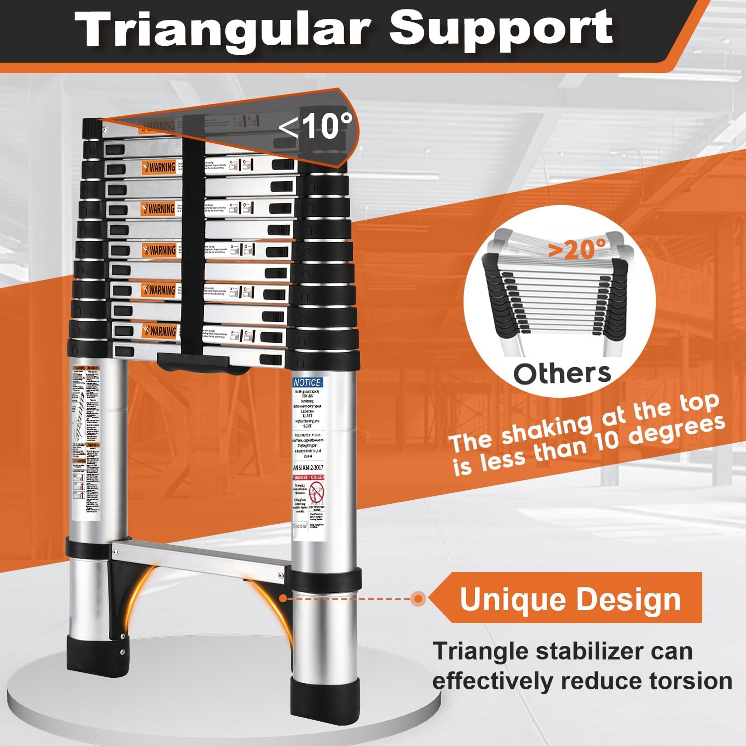 Soctone ladder with triangle stabilizers for steadier work.
