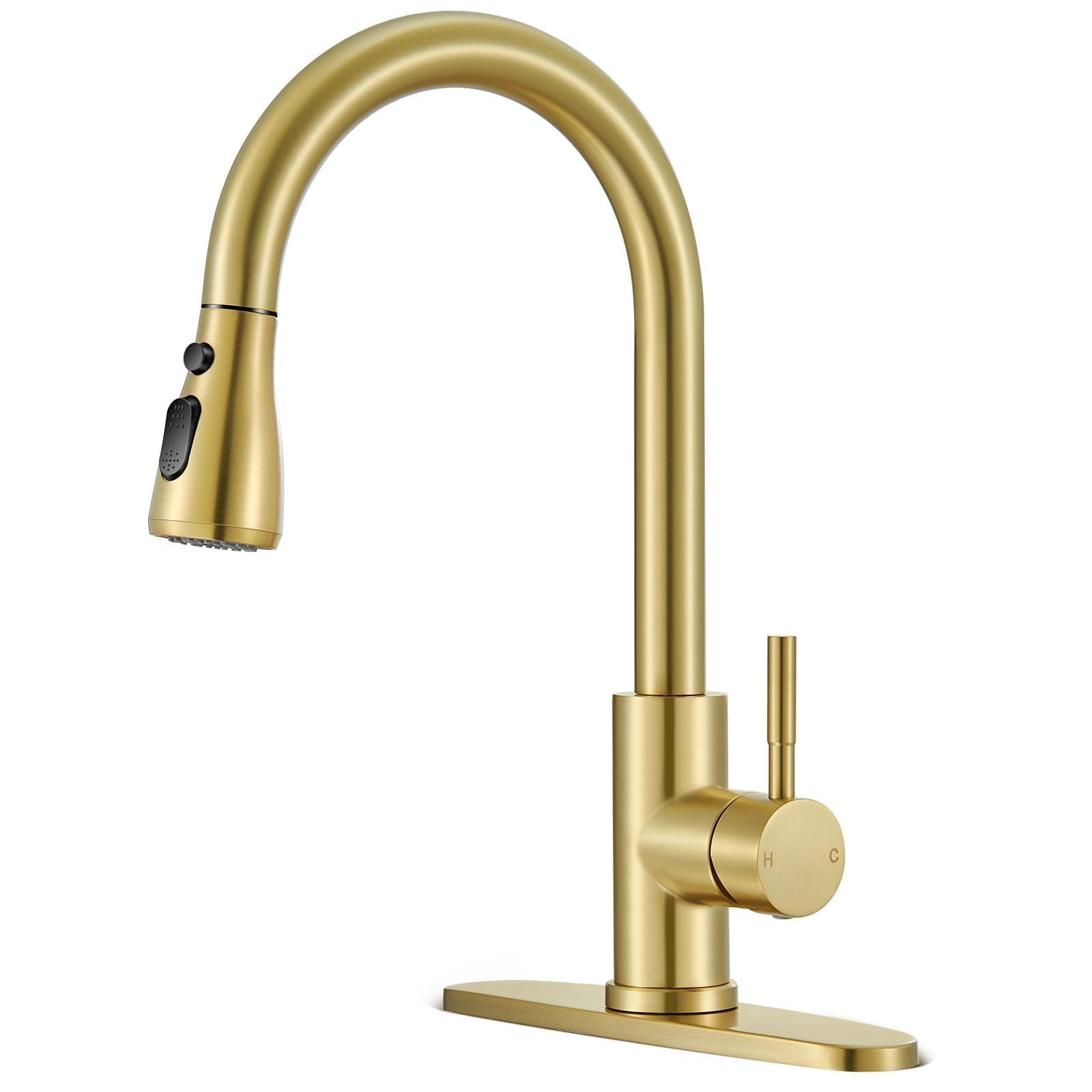 SOEBIZ gold kitchen faucet front view with pull-down spout for easy reach