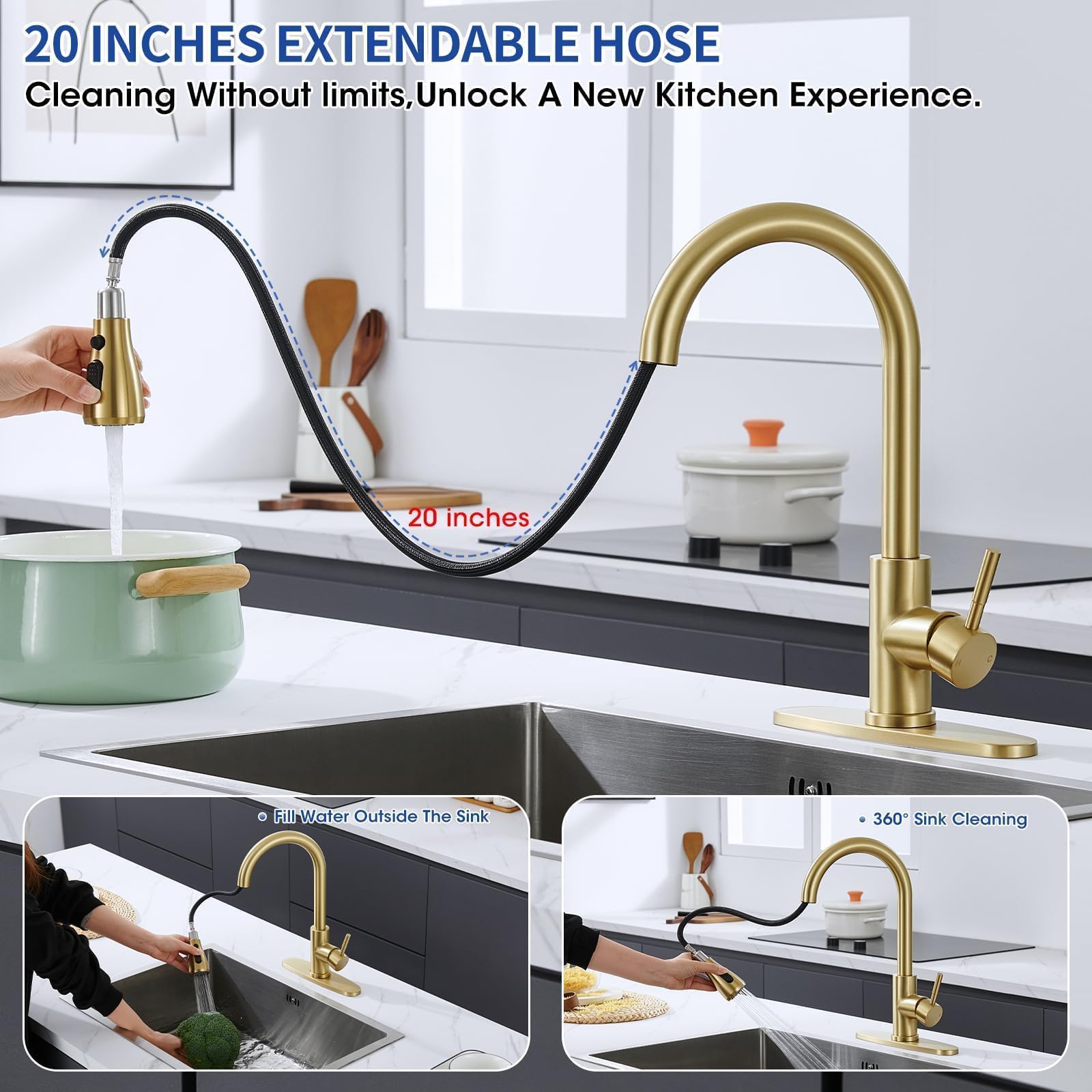 SOEBIZ gold faucet spray head showing multiple modes for efficient cleaning