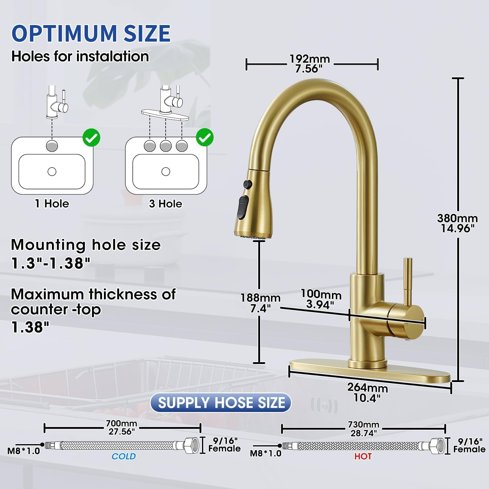 SOEBIZ gold faucet supported by US service and a 3-year warranty