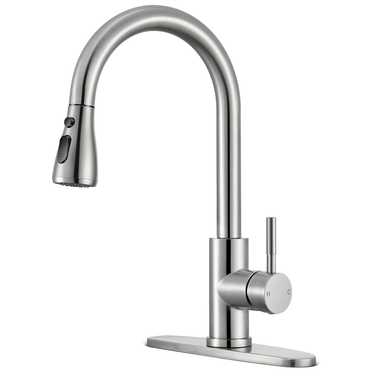 SOEBIZ kitchen faucet with pull-down sprayer in brushed nickel for versatile cleaning.