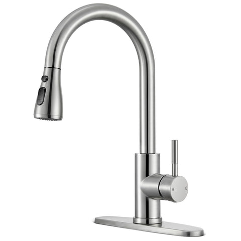 SOEBIZ kitchen faucet with pull-down sprayer in brushed nickel for versatile cleaning.