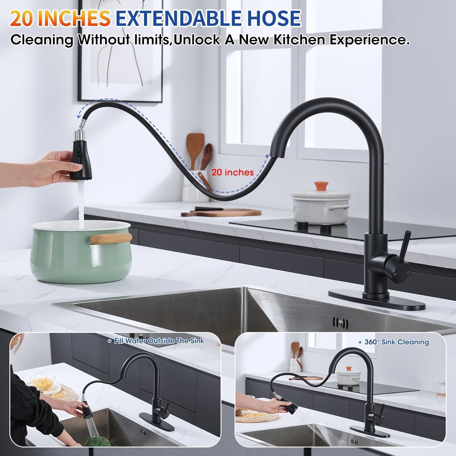 SOEBIZ faucet with retractable hose for easy reach across sinks.