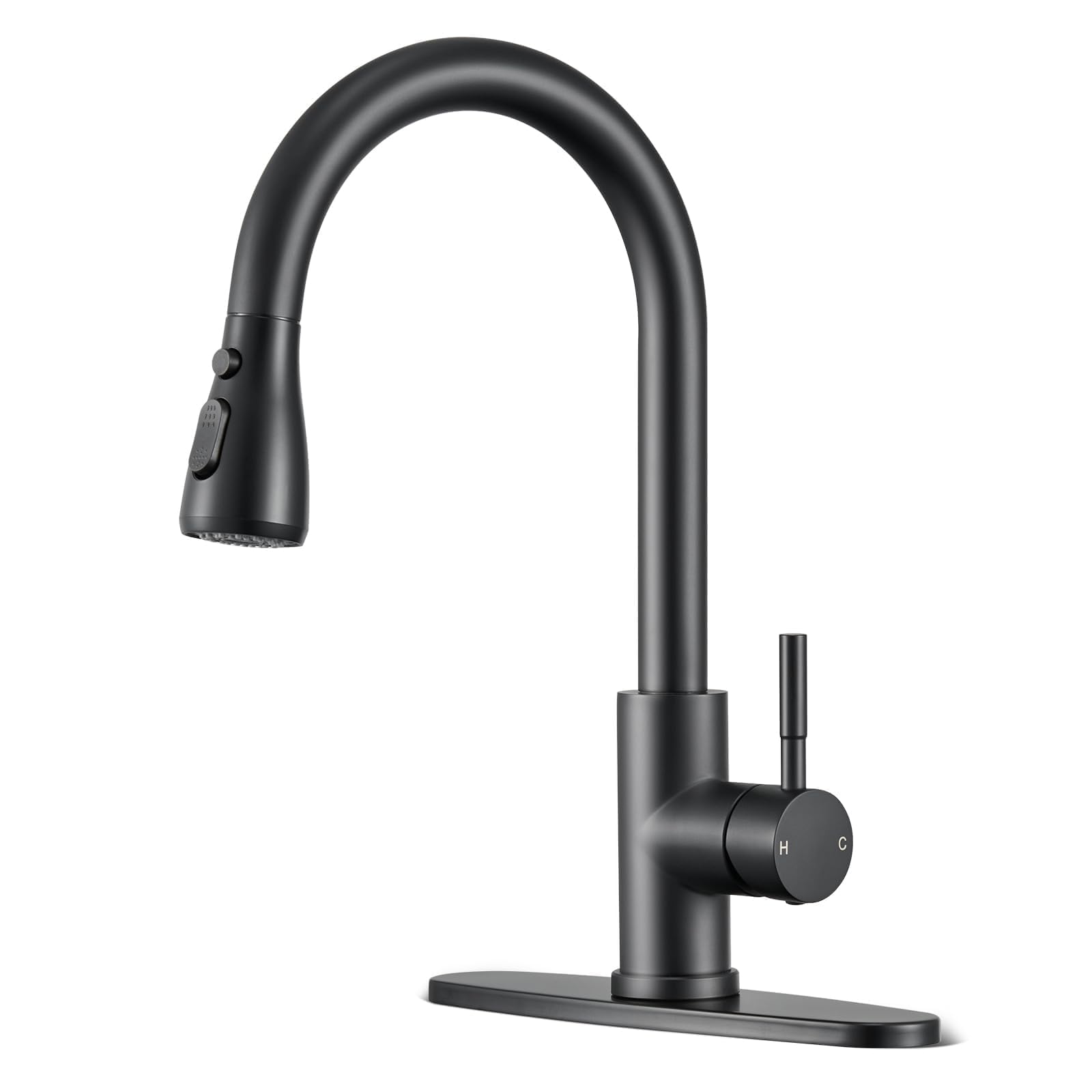 SOEBIZ pull-down faucet in black with high arc for versatile kitchen use.