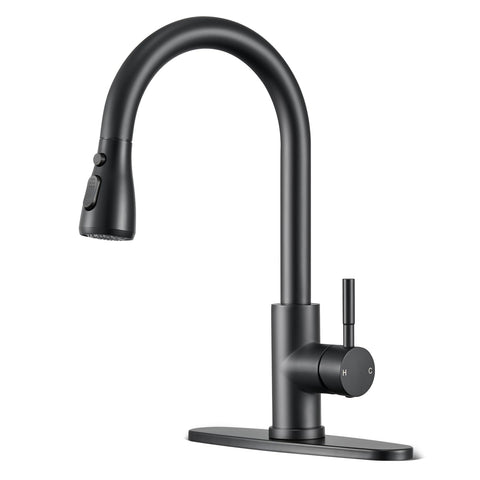 SOEBIZ pull-down faucet in black with high arc for versatile kitchen use.