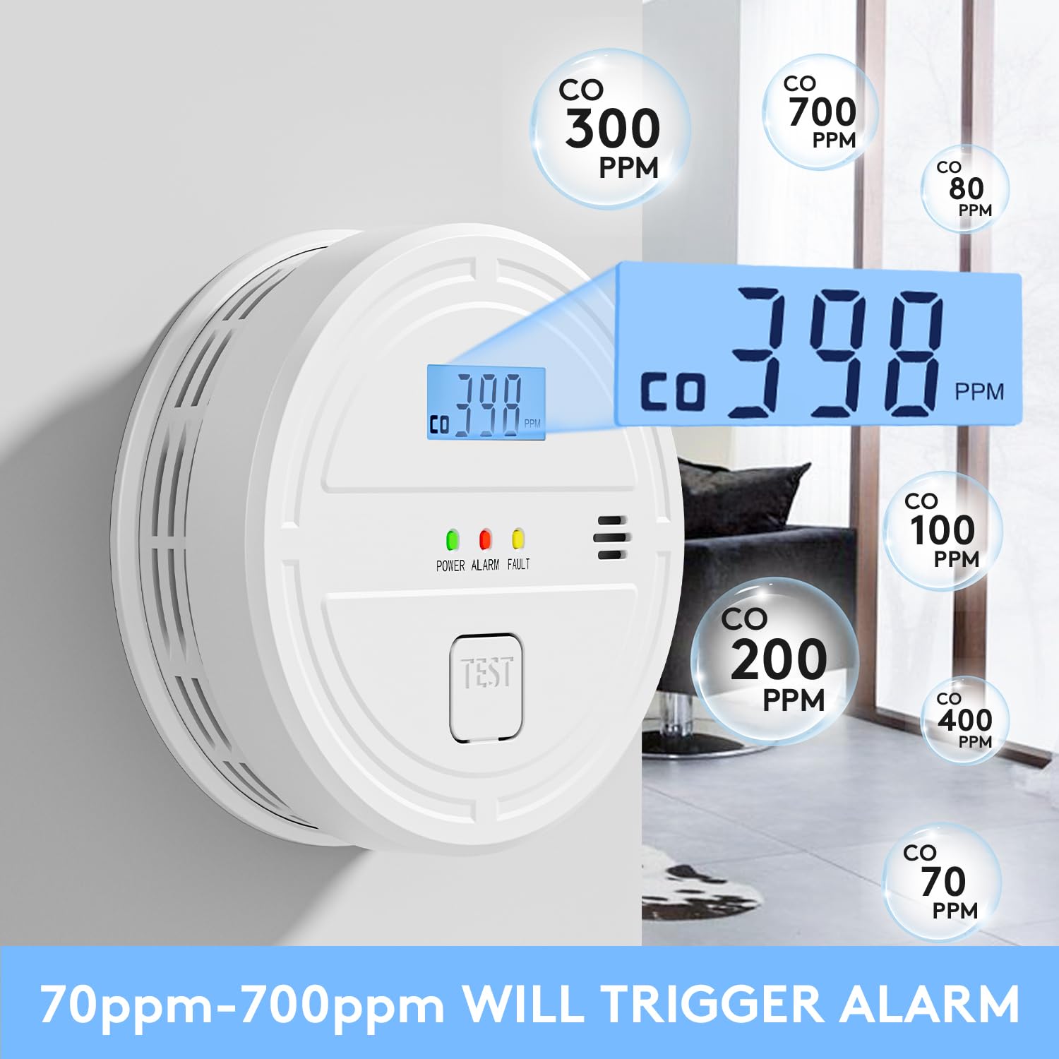 Soewolit 2-in-1 detector displays real-time smoke and CO readings on the digital display.