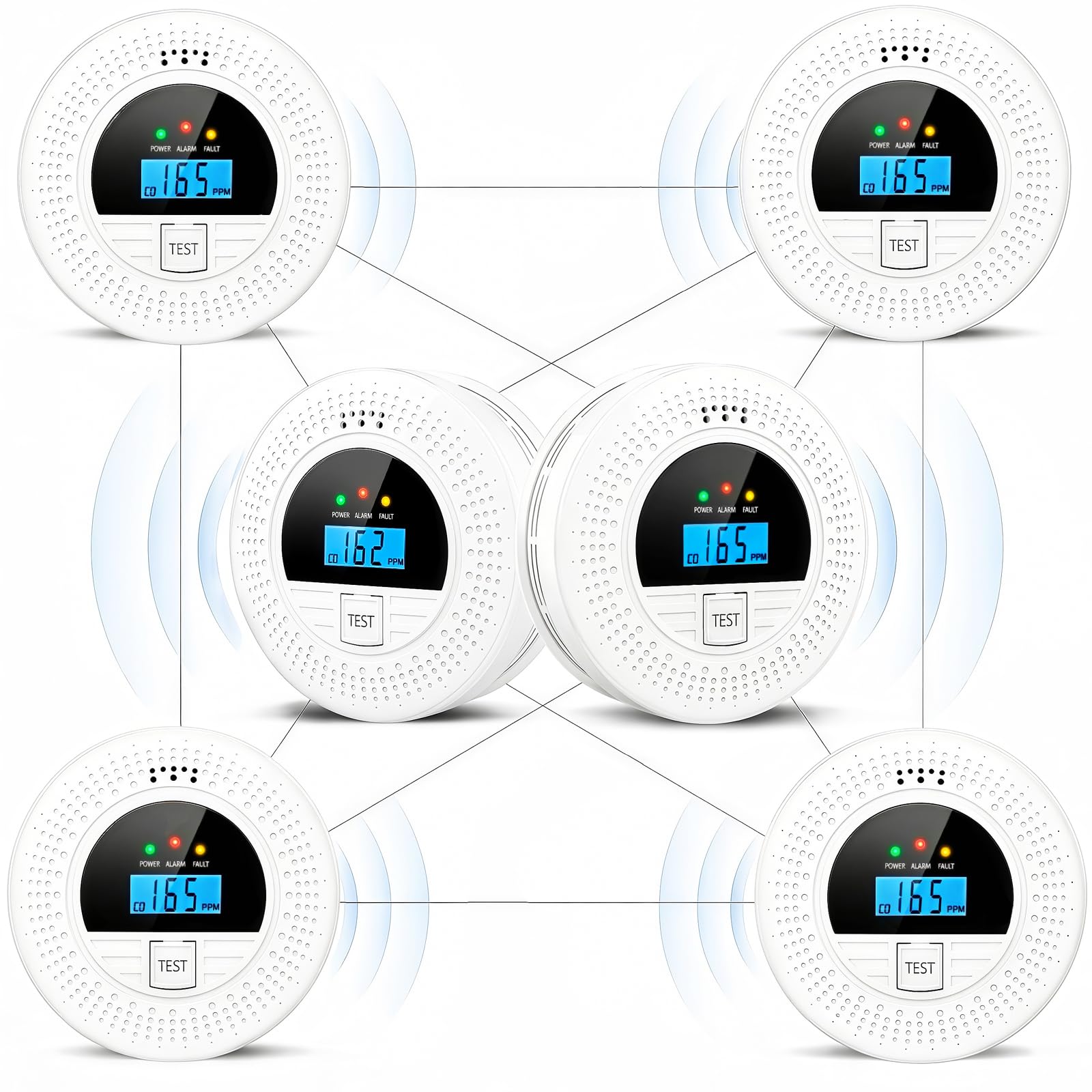 Soewolit 6-Pack smoke detector front view showing compact, battery-powered units ready for quick in-room installation