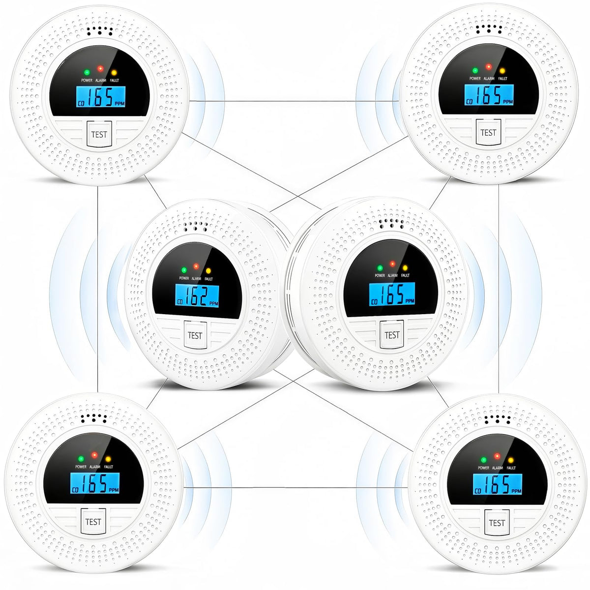 Soewolit 6-Pack smoke detector front view showing compact, battery-powered units ready for quick in-room installation