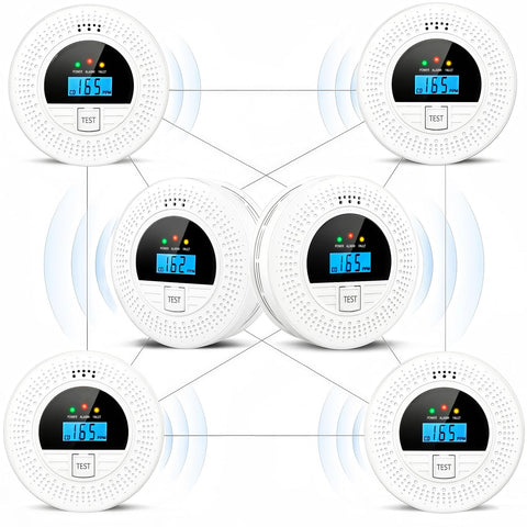 Soewolit 6-Pack smoke detector front view showing compact, battery-powered units ready for quick in-room installation