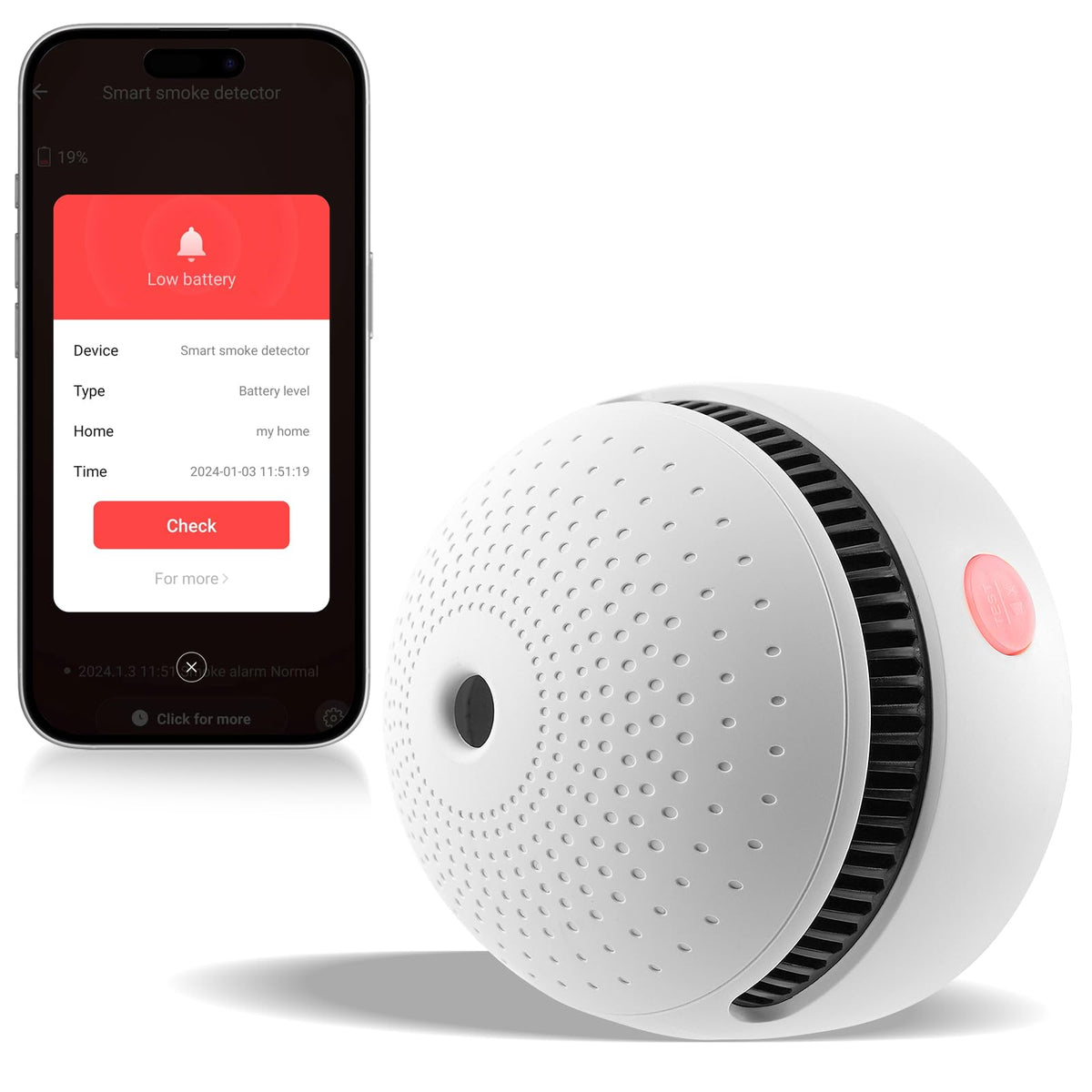Soewolit smart smoke detector front view with long-lasting battery and LED indicator.