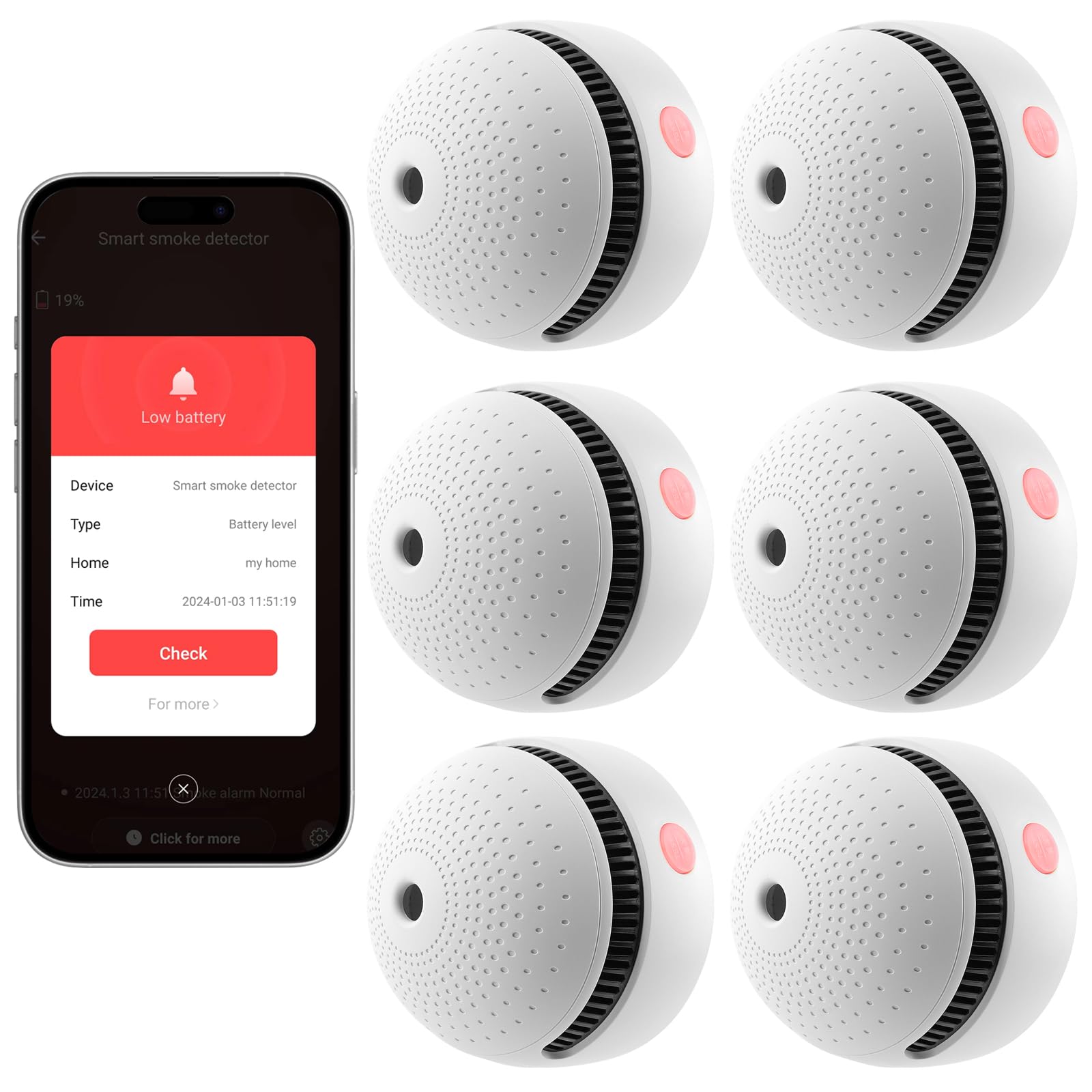 Soewolit 6-pack smoke detectors for wall or ceiling mounting and coverage
