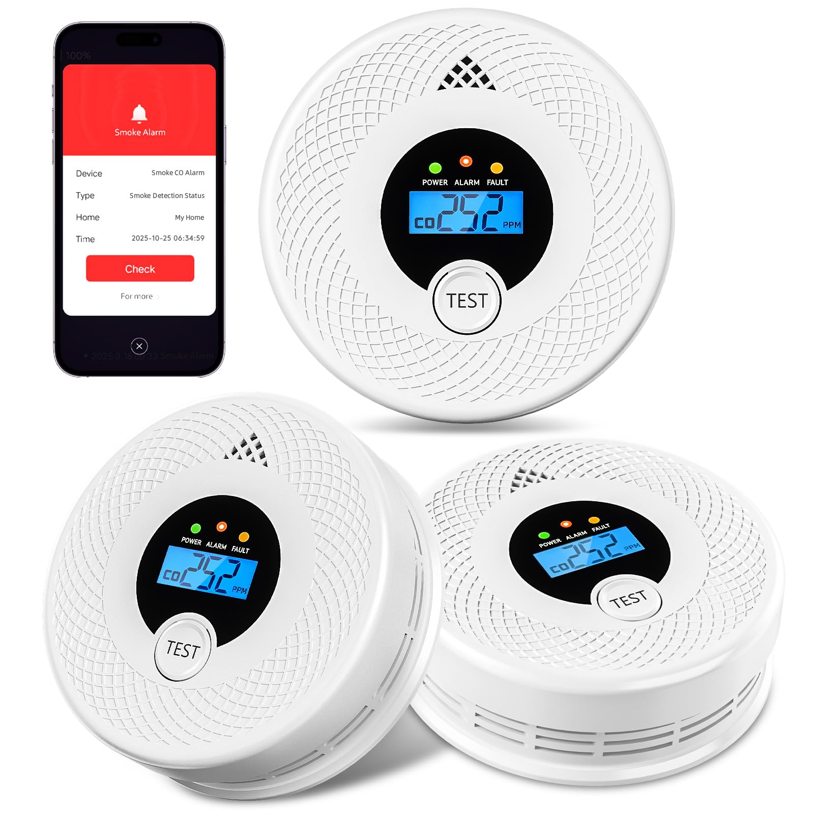 Soewolit WiFi smoke detector front view with app alerts for real-time safety updates