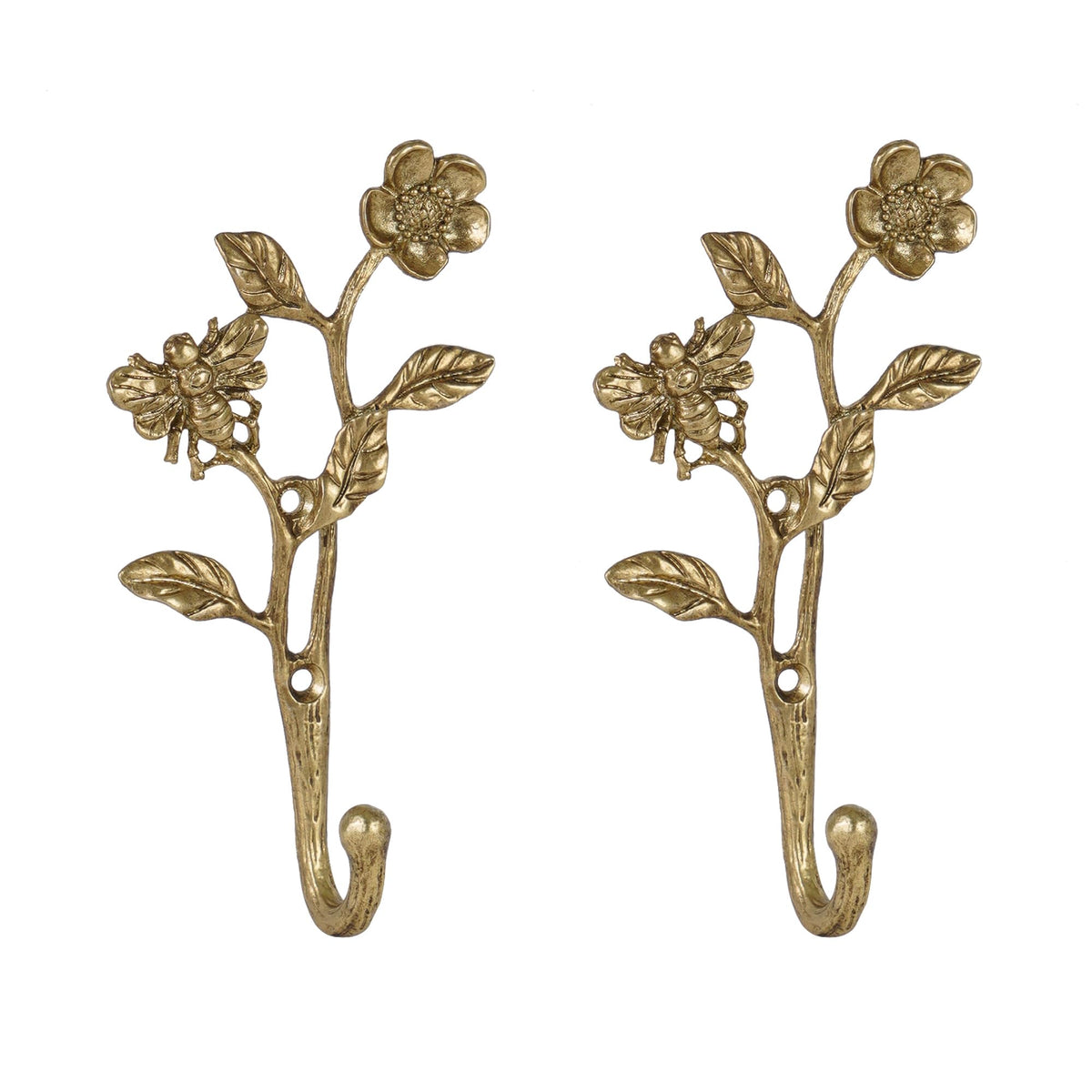 SOFFEE DESIGN 2pc metal dark gold coat hooks with 3D bee and flowers, stylish wall display.