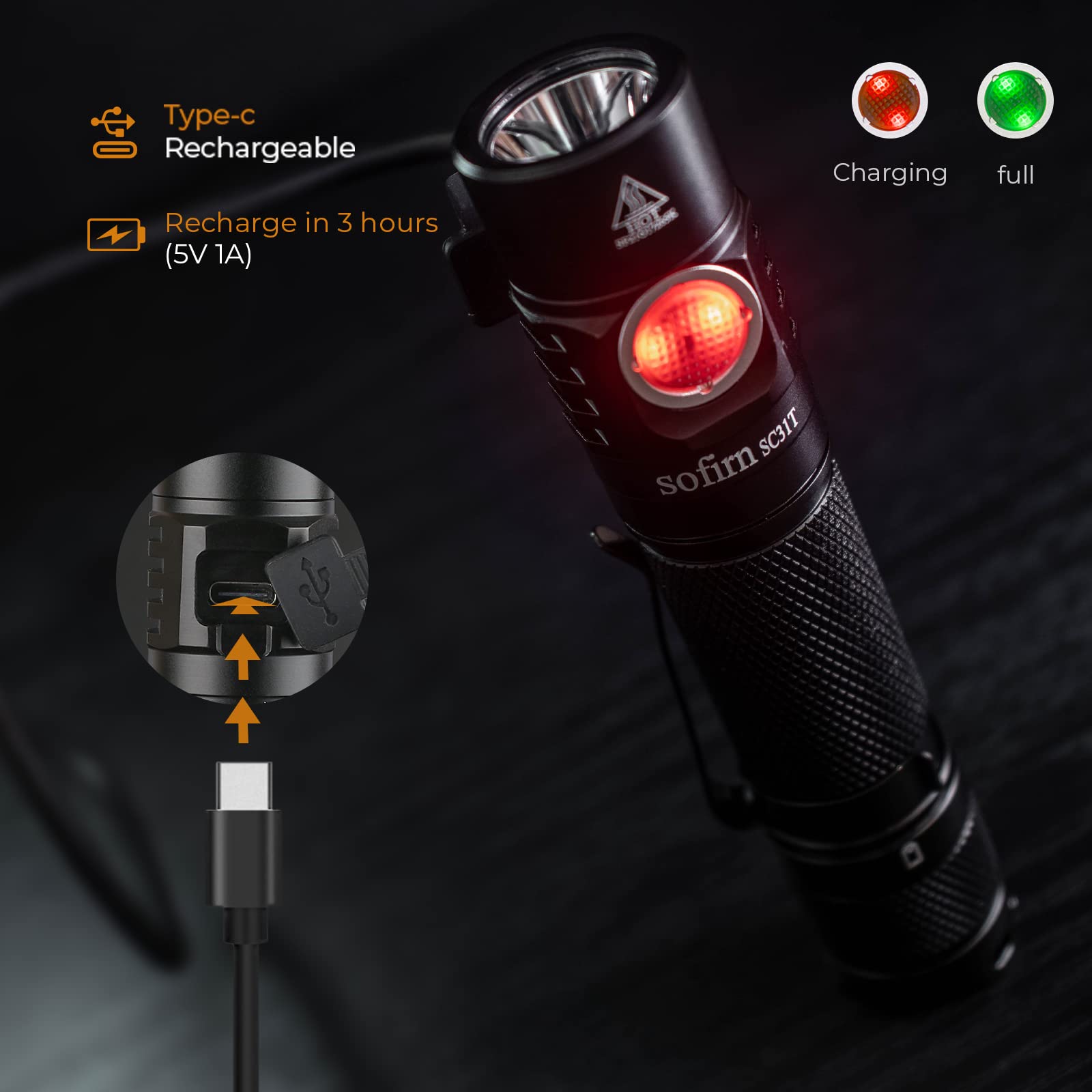 sofirn SC31T USB-C recharge port allows simple recharging on the go