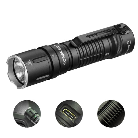 Sofirn SC33 front view shows a rechargeable flashlight with a bright, wide beam for outdoor exploration.