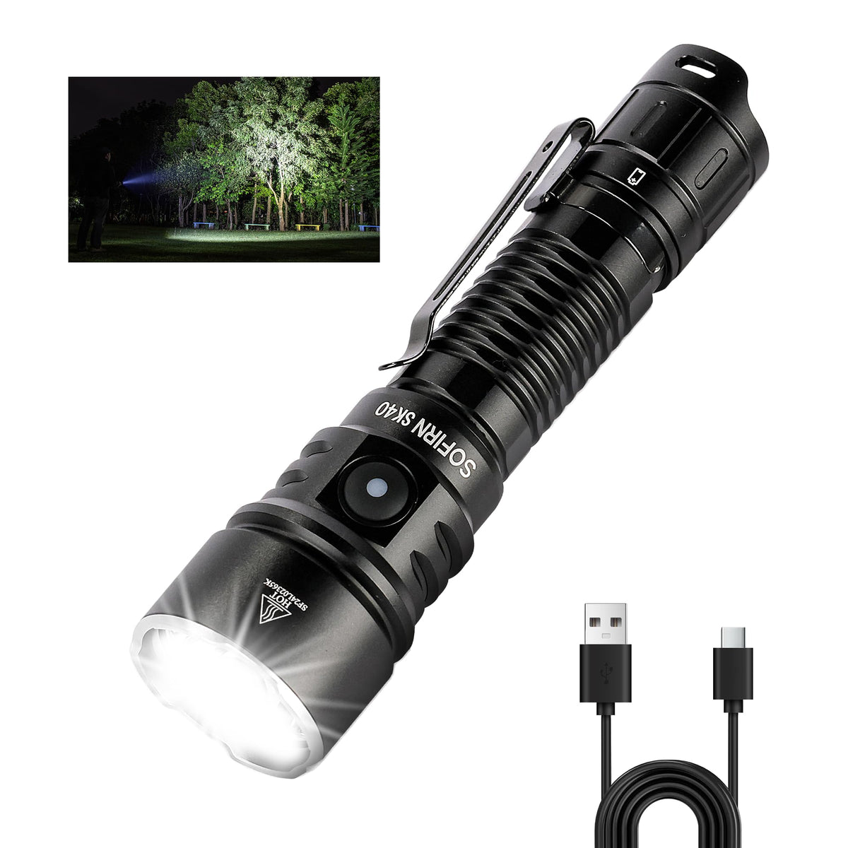 sofirn SK40 front view shows a rugged flashlight ready for outdoor use.