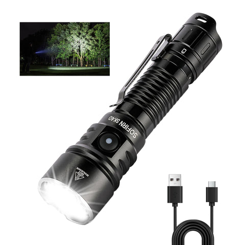 sofirn SK40 front view shows a rugged flashlight ready for outdoor use.