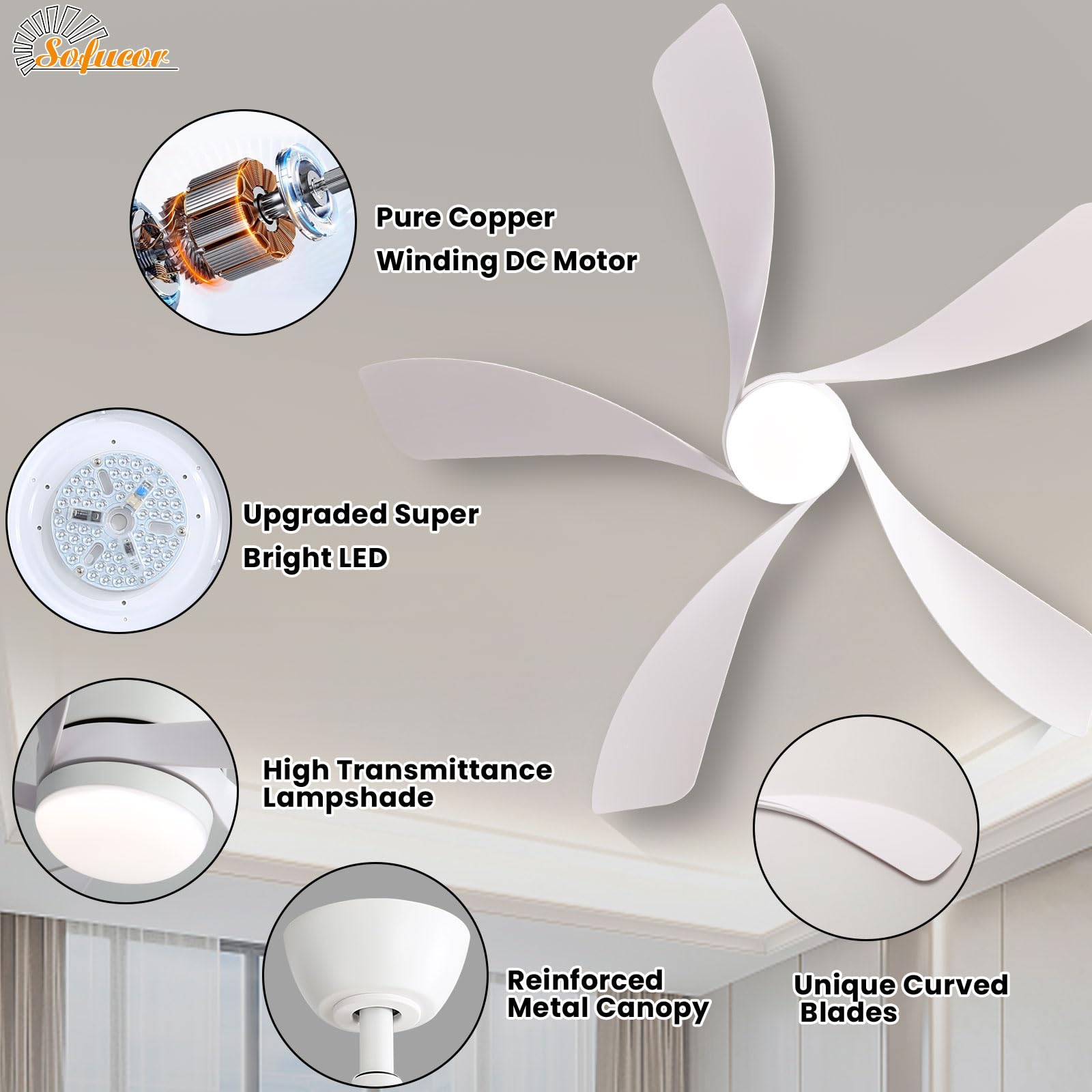 Sofucor includes three downrods for flexible installation options