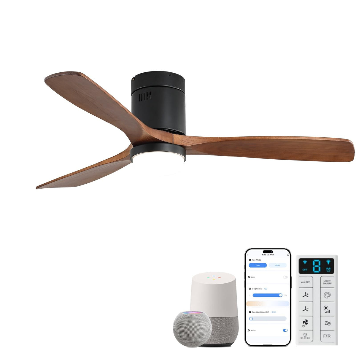 Sofucor 52in smart ceiling fan with light in brown-black finishes for versatile rooms and outdoor porches.