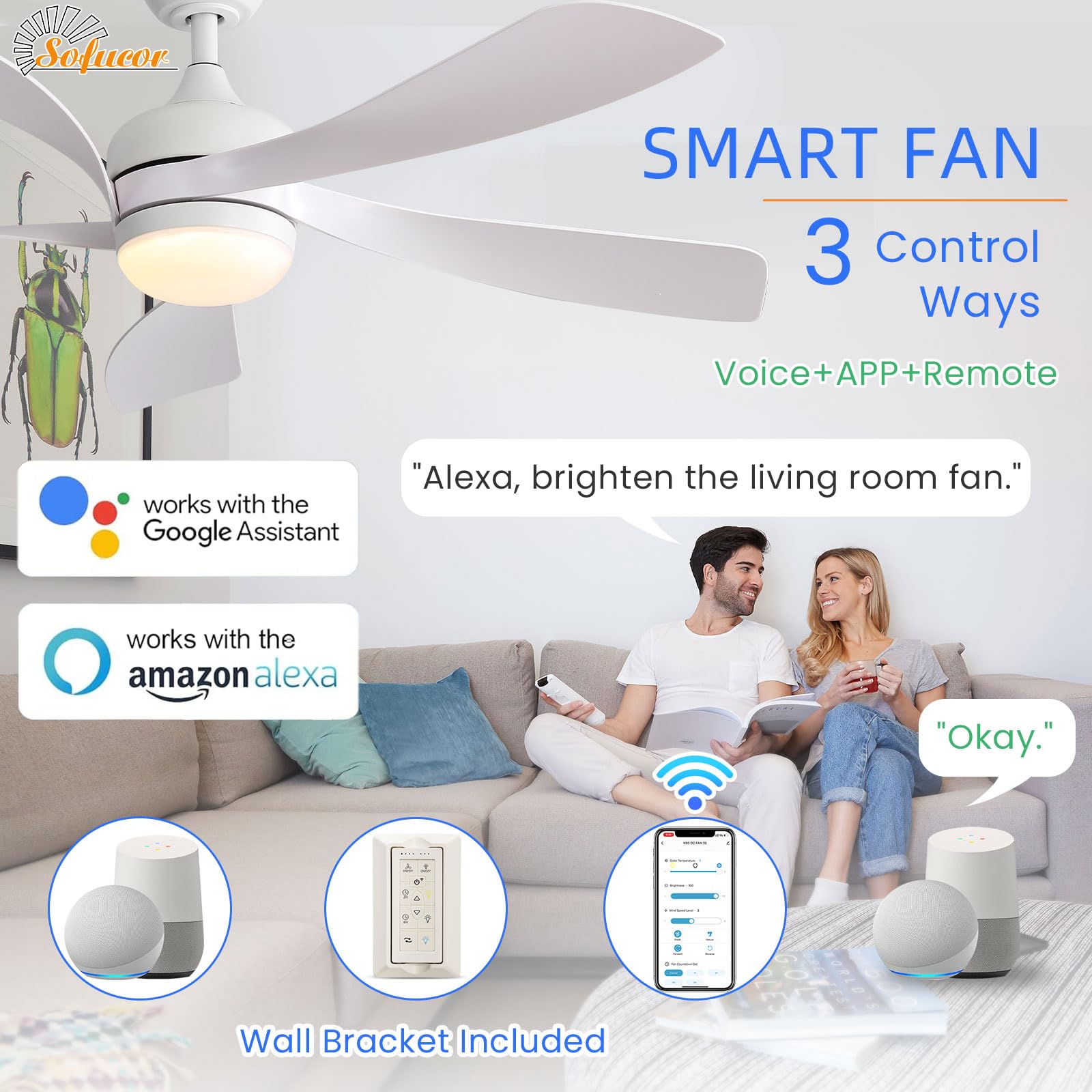Sofucor 52-inch ceiling fan in living room delivering quiet, efficient airflow