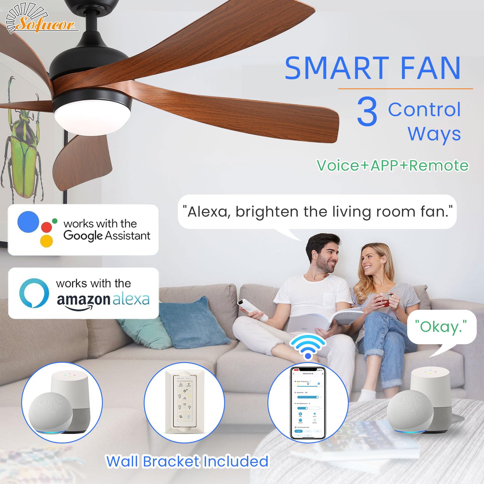 Sofucor ceiling fan light showing three color temperatures for ambiance