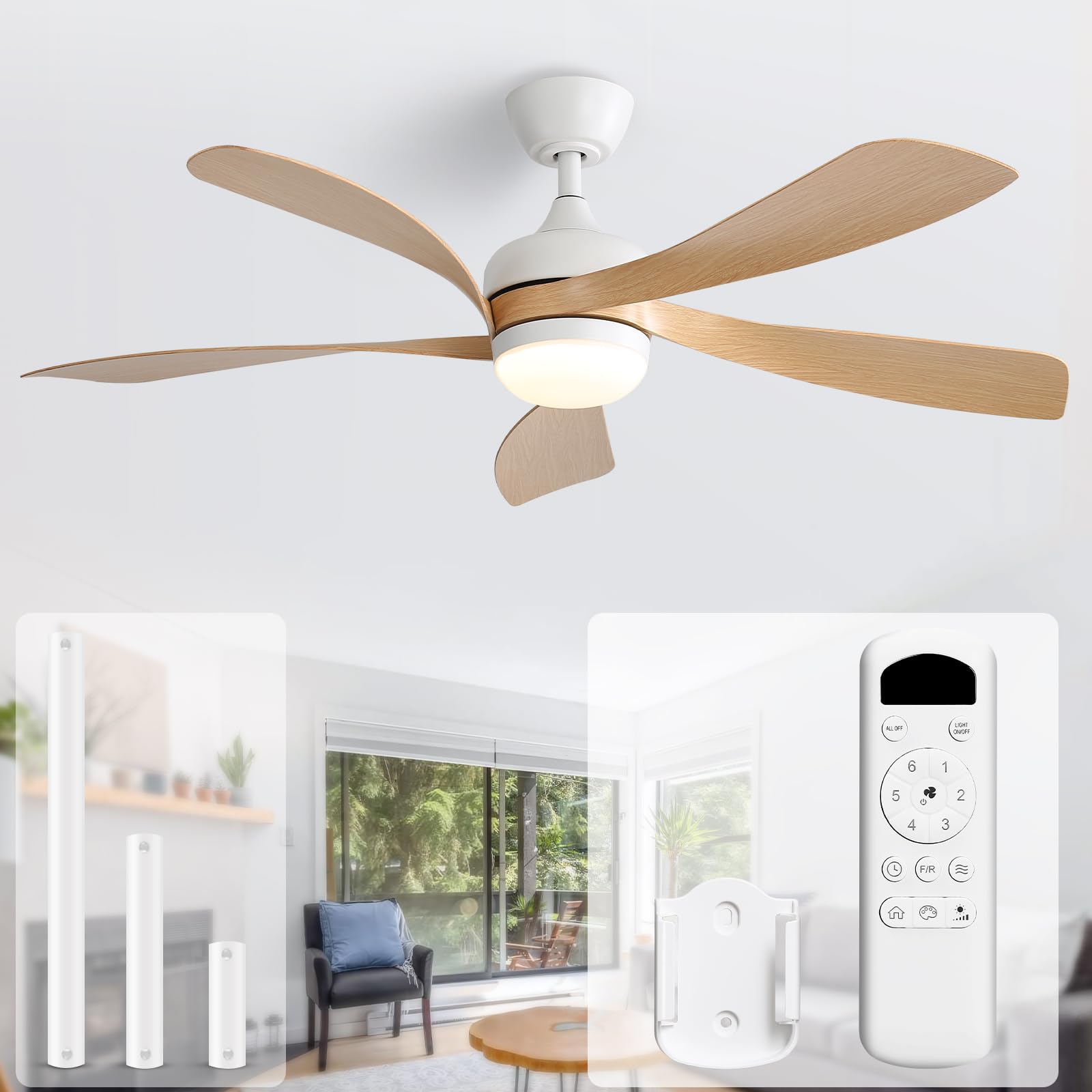 Sofucor 52-inch ceiling fan with light, close-up showing sleek design and integrated LEDs.