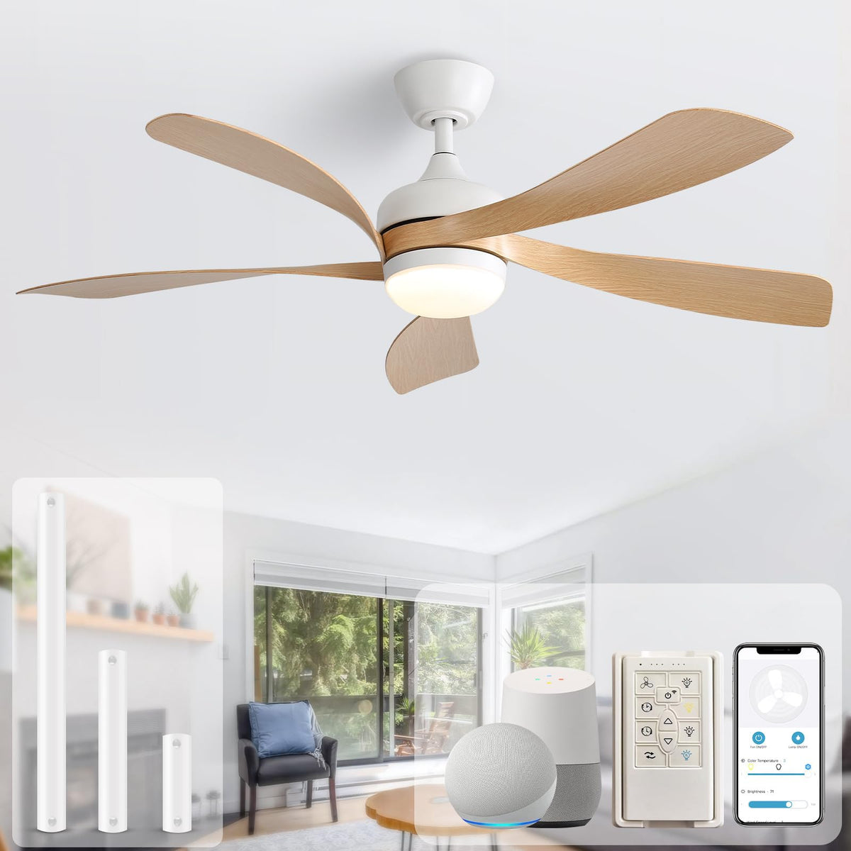 Sofucor 52inch smart ceiling fan with light, quick installation for living rooms