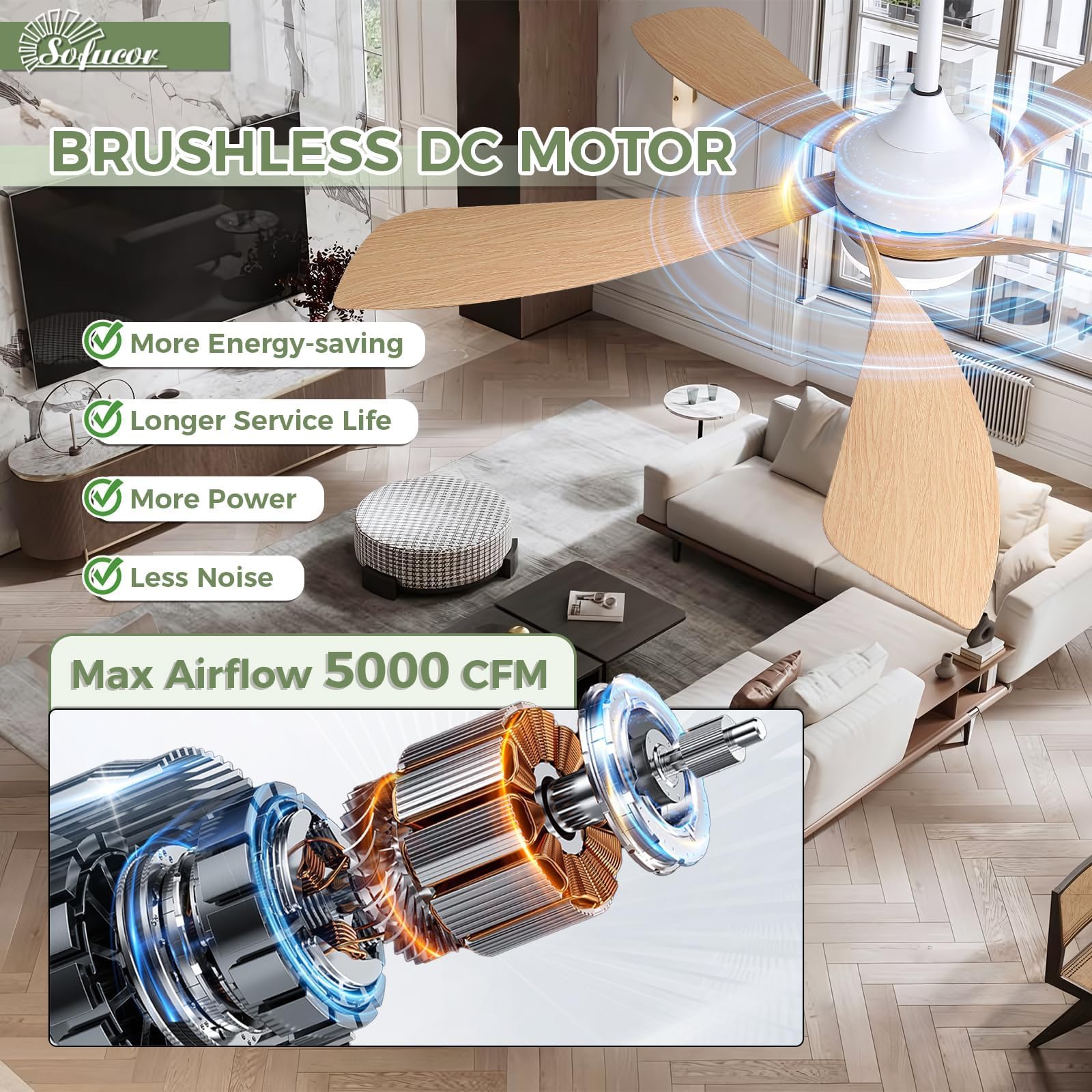 Sofucor 52-inch ceiling fan brightens living areas with versatile lighting.