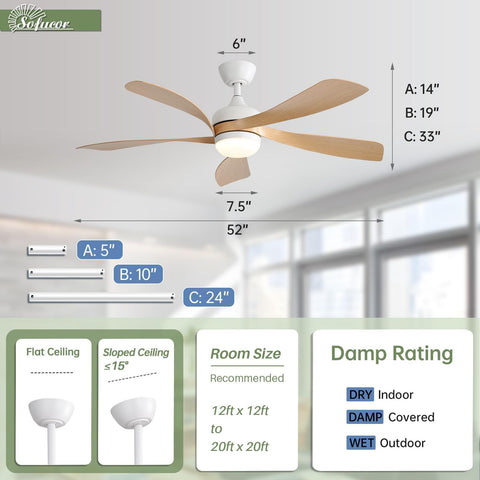 Sofucor DC motor ceiling fan operates quietly for relaxed spaces.