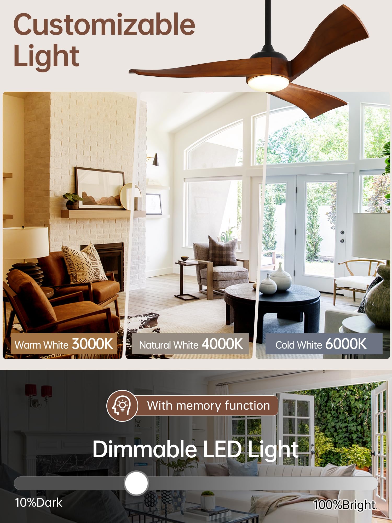 Sofucor solid wood blades add natural warmth and durable aesthetics.