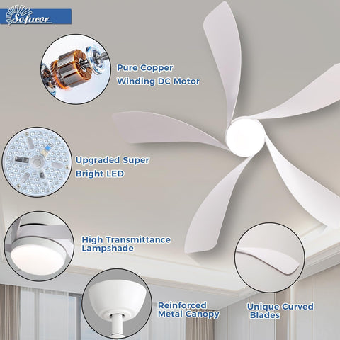 White Sofucor low-profile ceiling fan fits modern interiors with subtle presence