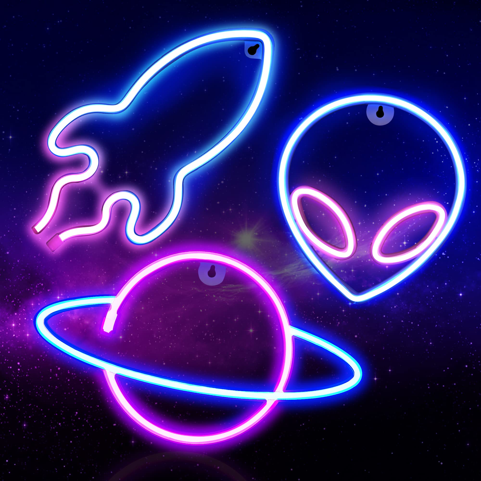 Sofunii neon planet sign on wall with safe, energy-efficient glow.