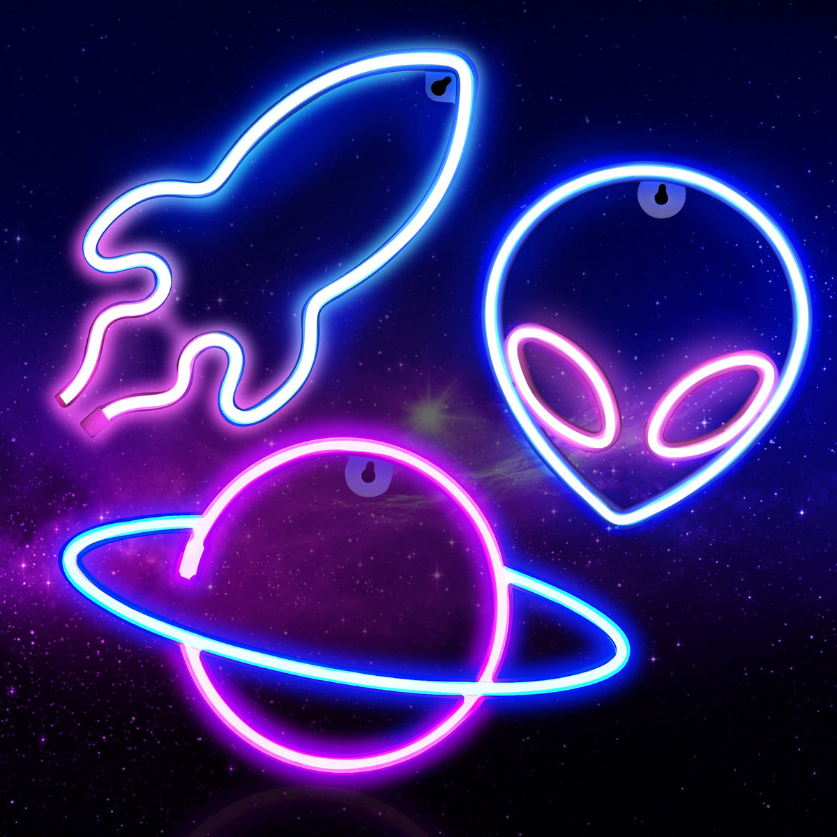 Sofunii neon planet sign on wall with safe, energy-efficient glow.
