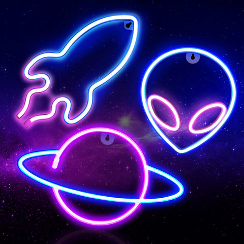 Sofunii neon planet sign on wall with safe, energy-efficient glow.
